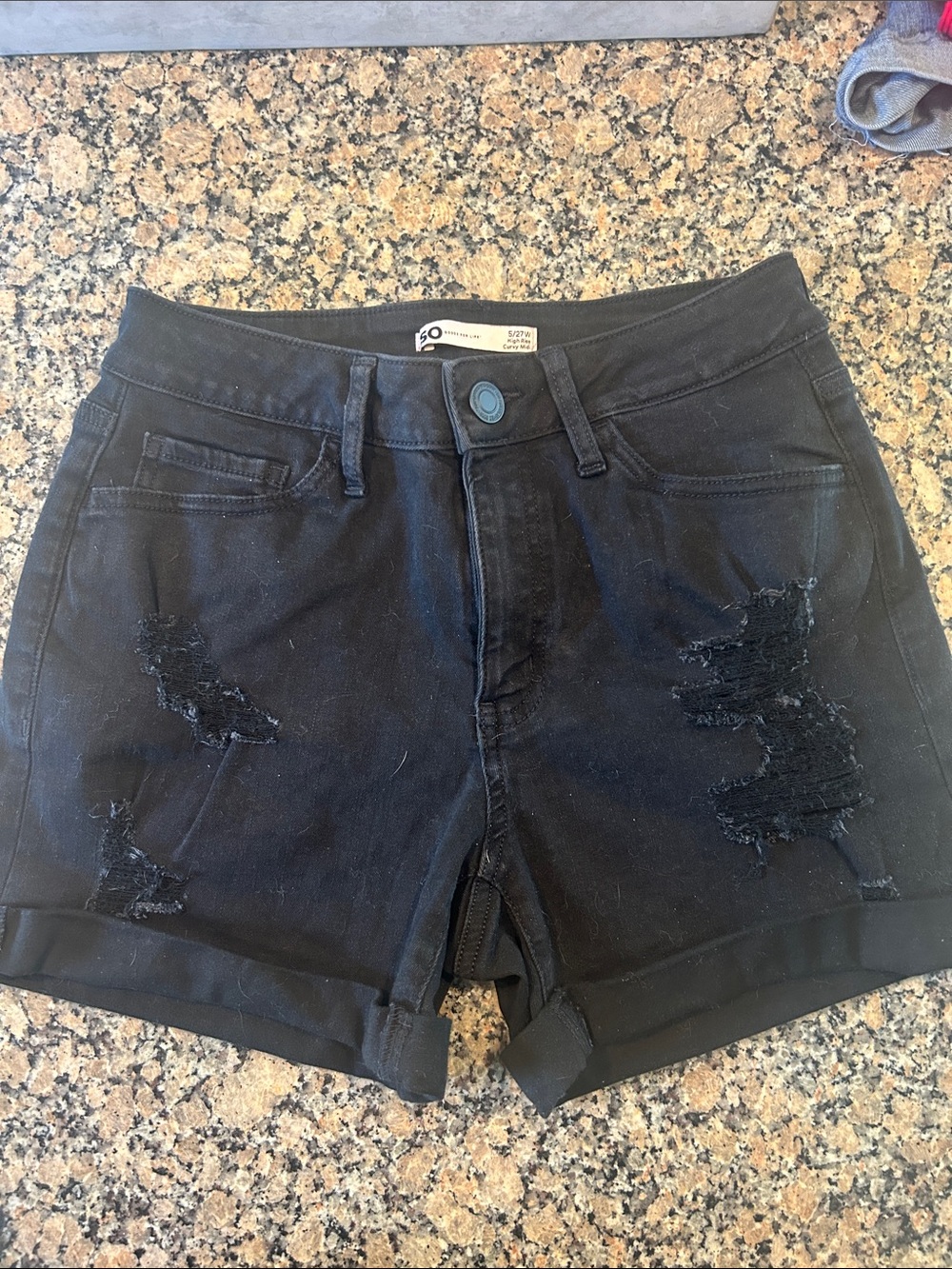 SO Black Distressed Roll-Hem Jean Shorts
